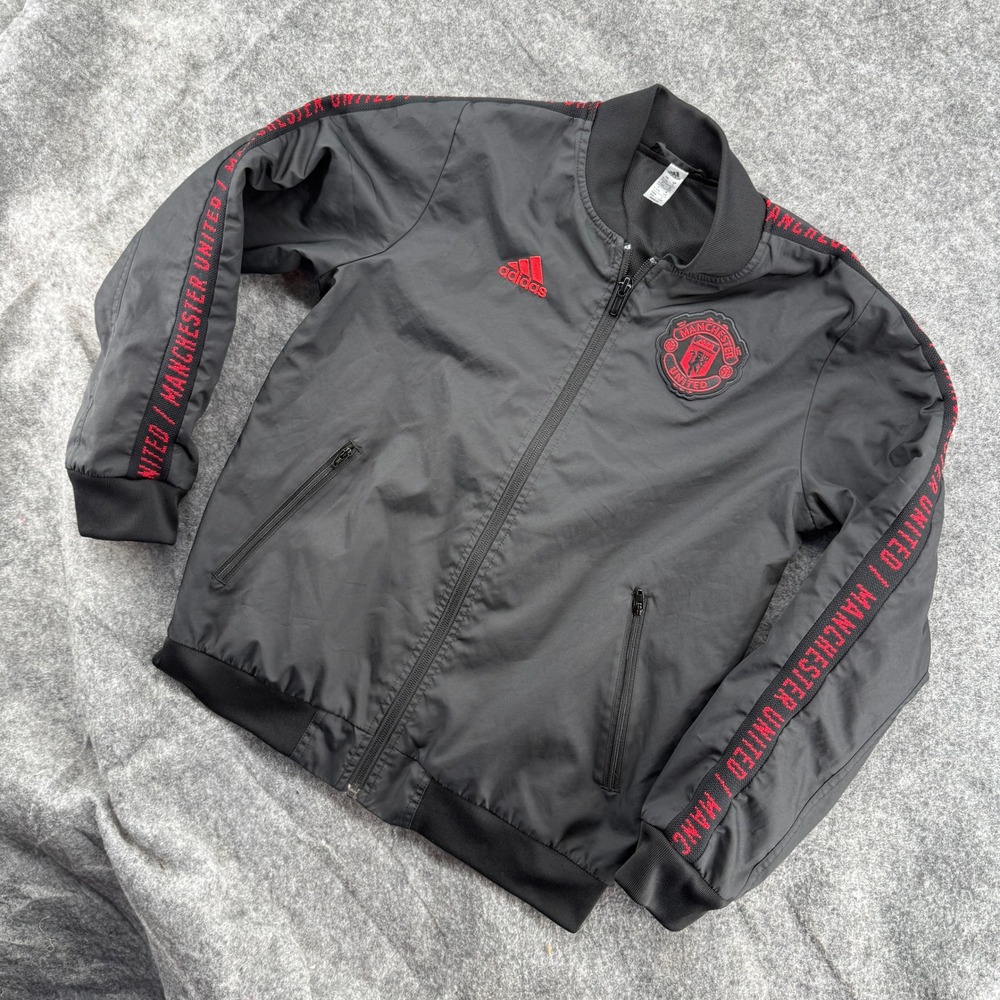 Adidas Manchester United Jacket Kids Size 9-10Y Black Red Zip Bomber Windbreaker
